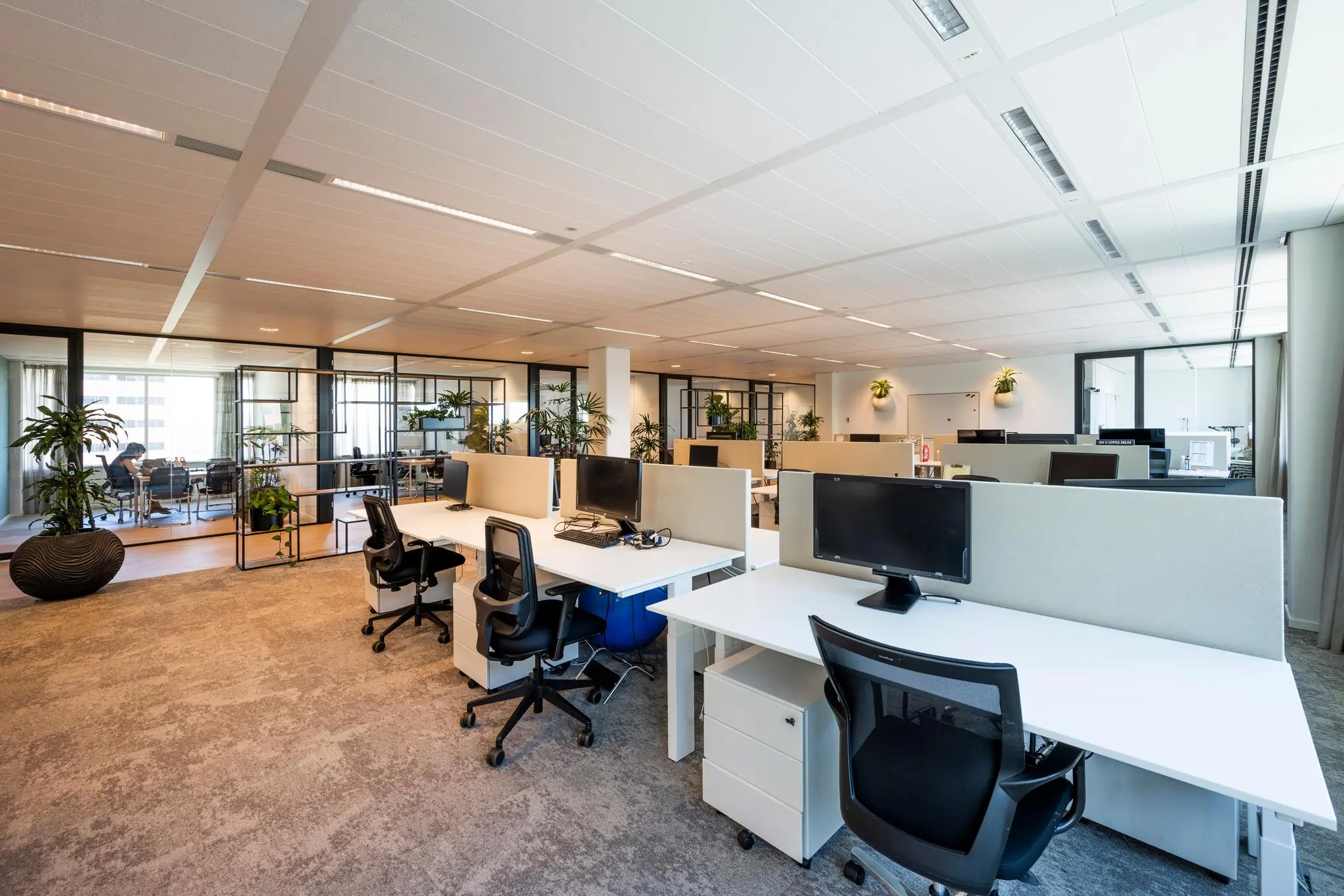 Moderne, open kantoorruimte aan de Thomas R. Malthusstraat met werkplekken, computers en veel planten.